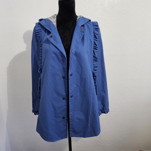 DEBORAH LYONS Blue Ruffled Memphis Cape Coat Hooded Jacket Sz 8 Rain Cottagecore - Picture 9 of 16